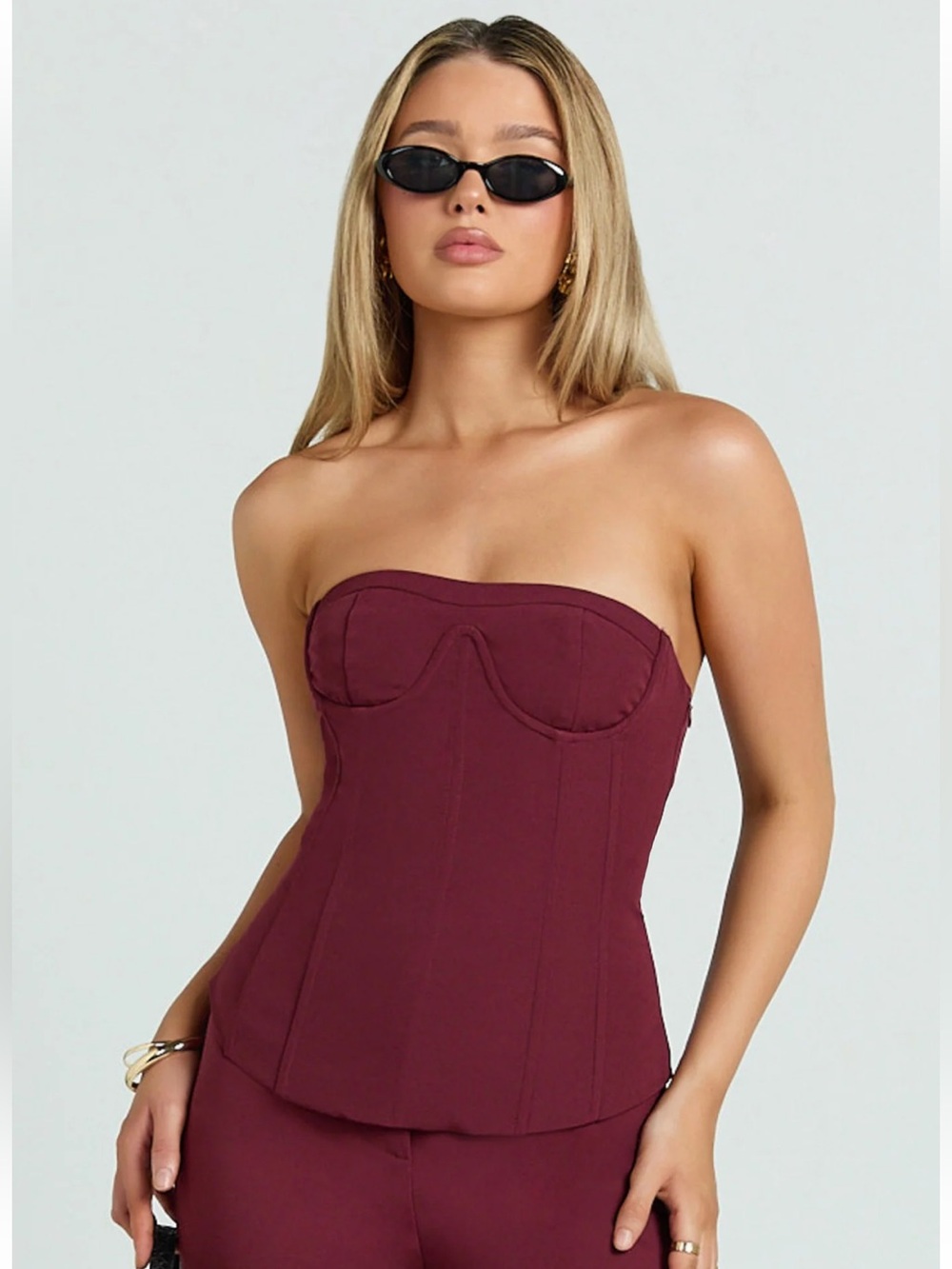 Showpo Irene Strapless Lace-Up Bustier Corset Top in Wine